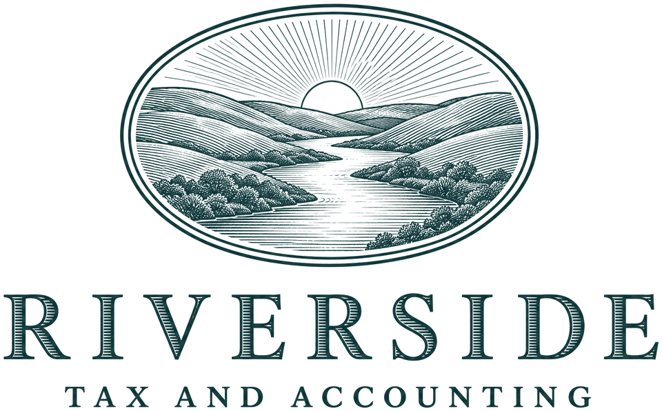 Riverside Tax and Accounting logo: an engraved oval of the river winding between hills at sunrise, above the Riverside wordmark