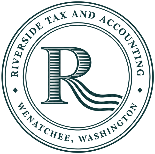 Riverside Tax and Accounting seal: an engraved R with three river lines flowing from its leg, ringed by Riverside Tax and Accounting, Wenatchee, Washington